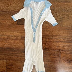 Aya Muse White Ribbed Knit Dress with Light Blue Trim
